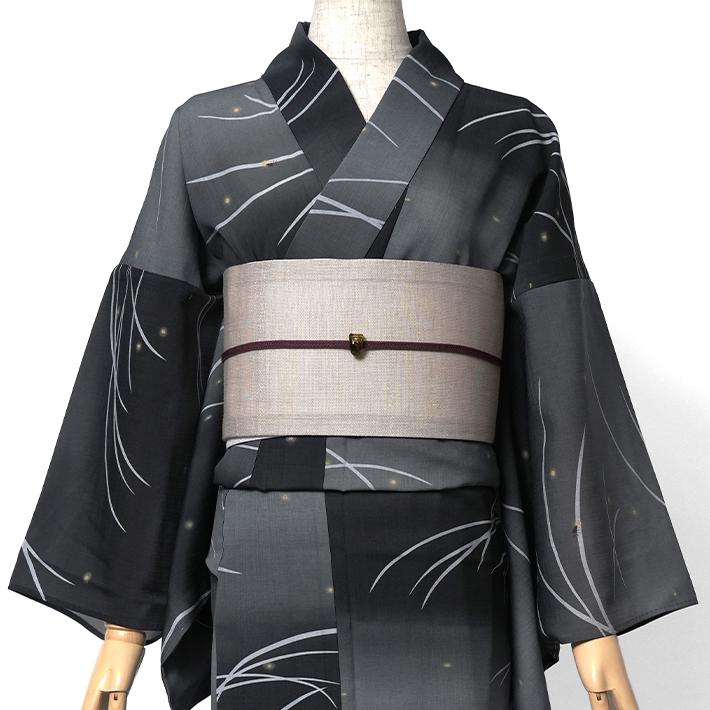 撫松庵 露芝と蛍 グレー グラデーション ぼかし 青 セオアルファ 単衣 夏着物 浴衣 仕立て上がり 単品 レディース 女性用 30代 40代 50代の画像