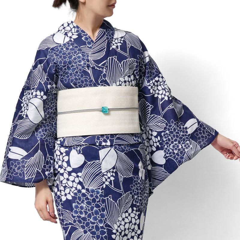 浴衣 綿麻 紫陽花 花 アジサイ 紺 白 レディース ナチュラル モダン