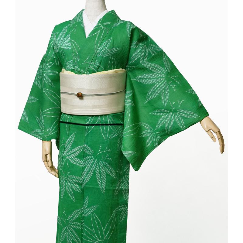着物 単衣 近江ちぢみ 長板染め 鹿の子絞り風 笹 緑 紫 黒 着物 単衣 近江ちぢみ 長板染め 鹿の子絞り風 笹 緑 紫 黒