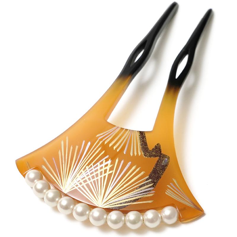 かんざし 松葉 松 蒔絵風 べっ甲調 パール 黄土 バチ型 フォーマル 髪