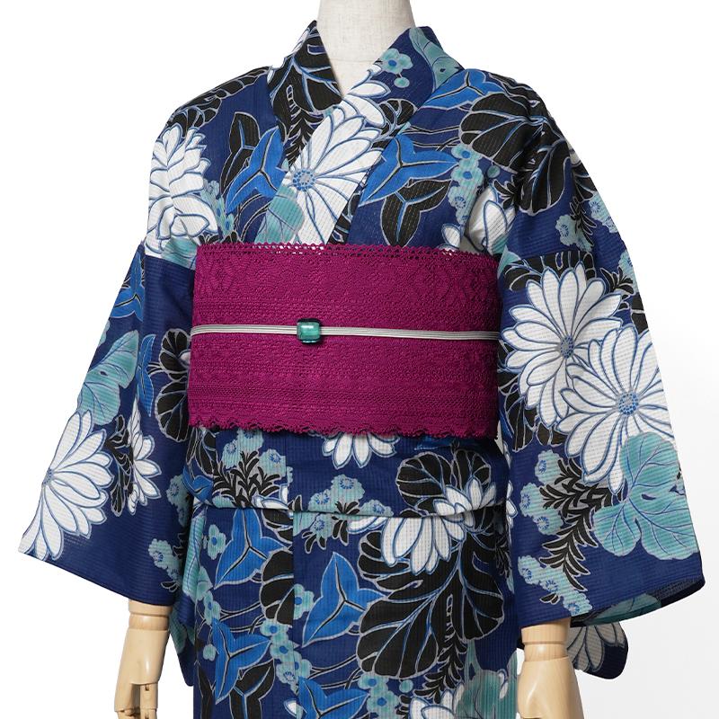 浴衣 芸艸堂 綿絽 菊 紺 オフ白 花 UNSODO ブランド 古典柄 モダン