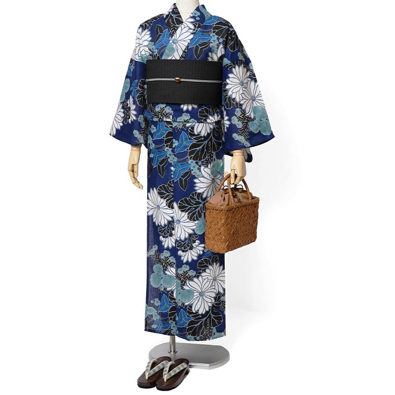 浴衣 芸艸堂 綿絽 菊 紺 オフ白 花 UNSODO ブランド 古典柄 モダン