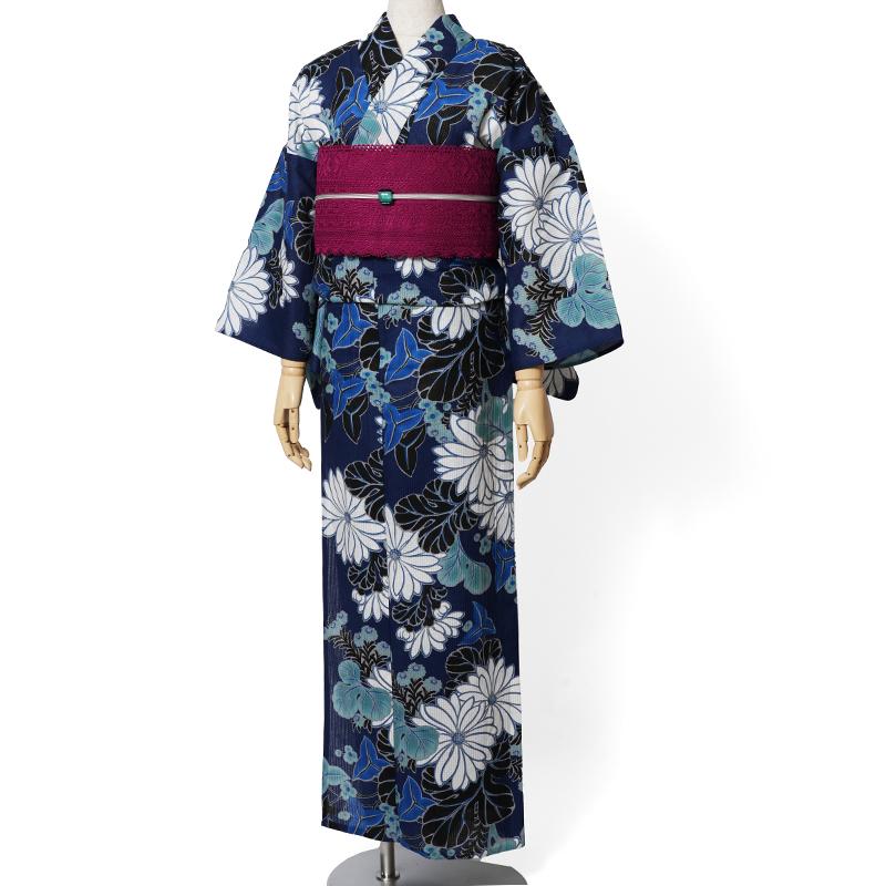 浴衣 芸艸堂 綿絽 菊 紺 オフ白 花 UNSODO ブランド 古典柄 モダン