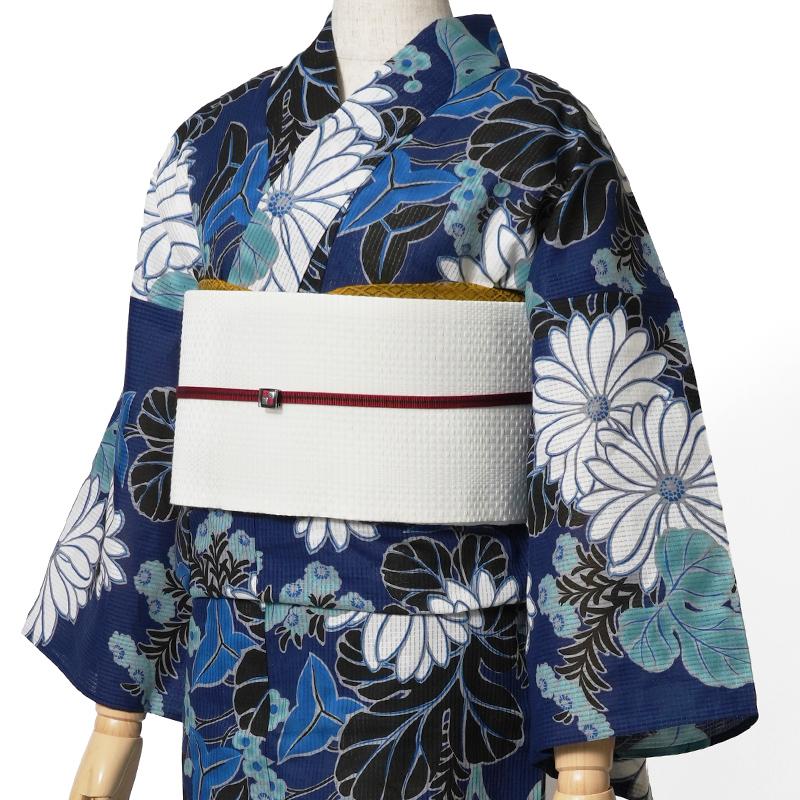 浴衣 芸艸堂 綿絽 菊 紺 オフ白 花 UNSODO ブランド 古典柄 モダン