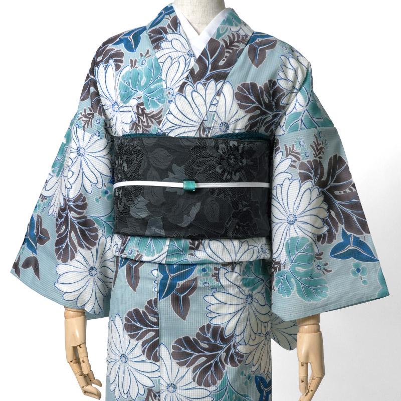 浴衣 芸艸堂 綿絽 菊 水色 オフ白 花 UNSODO ブランド 古典柄 モダン