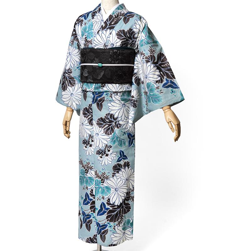 浴衣 芸艸堂 綿絽 菊 水色 オフ白 花 UNSODO ブランド 古典柄 モダン