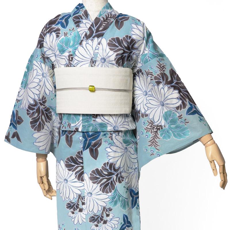 浴衣 芸艸堂 綿絽 菊 水色 オフ白 花 UNSODO ブランド 古典柄 モダン