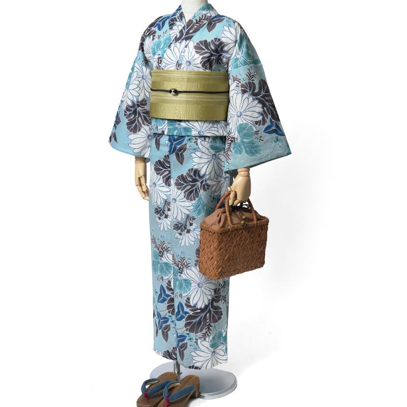 浴衣 芸艸堂 綿絽 菊 水色 オフ白 花 UNSODO ブランド 古典柄 モダン