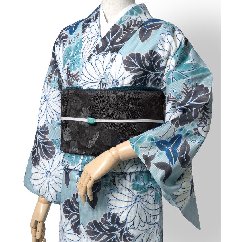浴衣 芸艸堂 綿絽 菊 水色 オフ白 花 UNSODO ブランド 古典柄 モダン
