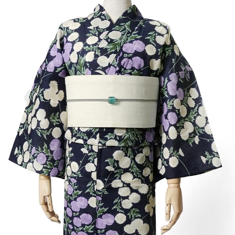 浴衣 芸艸堂 綿絽 アザミ 紫紺 オフ白 藤 花 UNSODO ブランド 古典柄