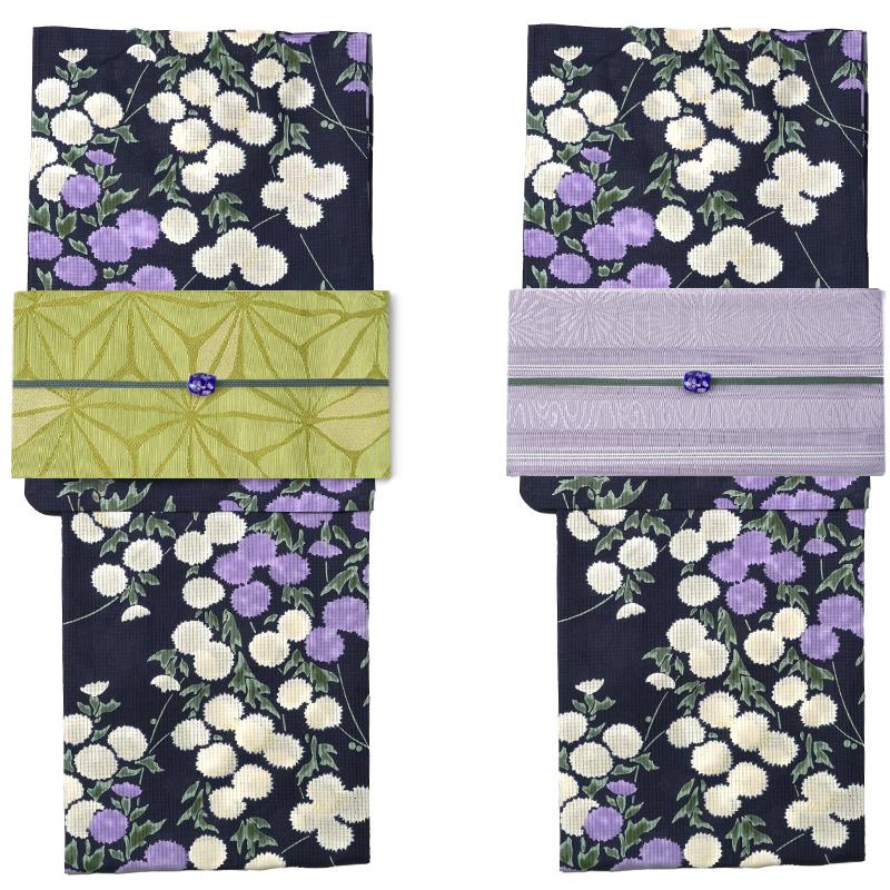 浴衣 芸艸堂 綿絽 アザミ 紫紺 オフ白 藤 花 UNSODO ブランド 古典柄
