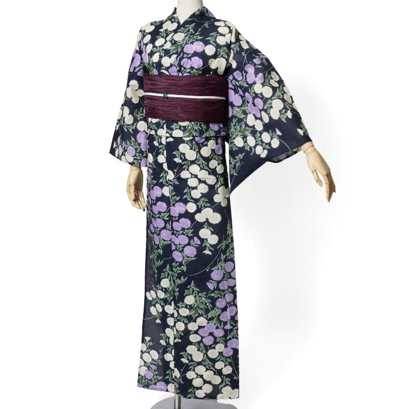 【最終価格】浴衣 高級綿絽 紫色花柄 半幅帯付き 浴衣 芸艸堂 綿絽 アザミ 紫紺 オフ白 藤 花 UNSODO ブランド 古典柄