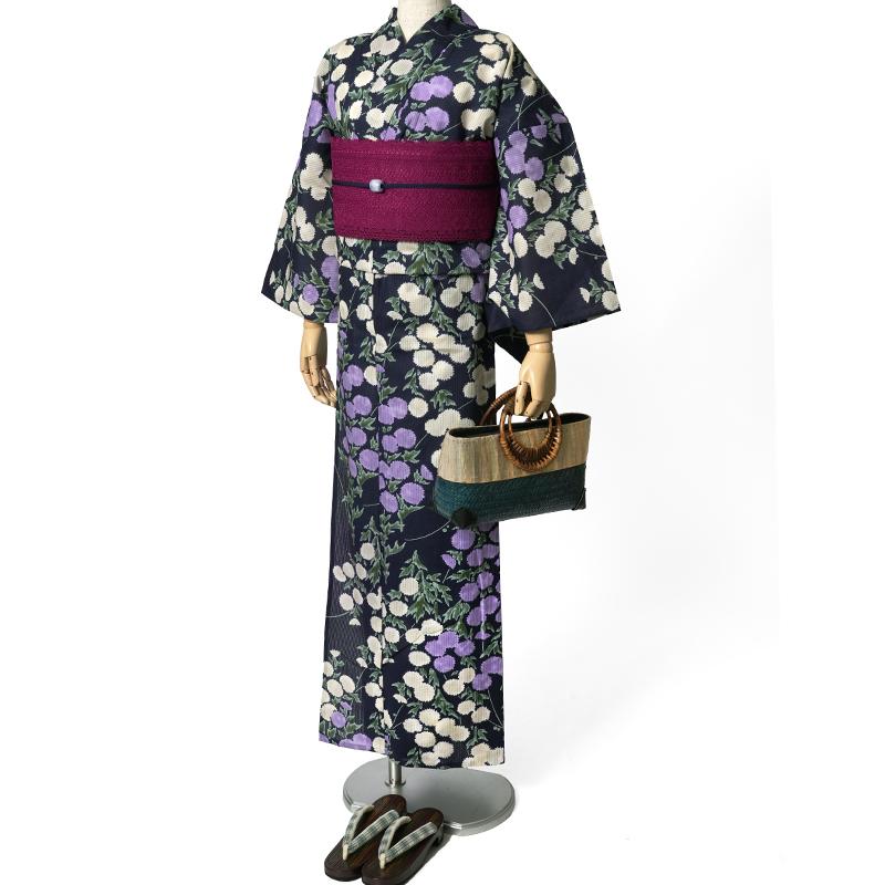 浴衣 芸艸堂 綿絽 アザミ 紫紺 オフ白 藤 花 UNSODO ブランド 古典柄