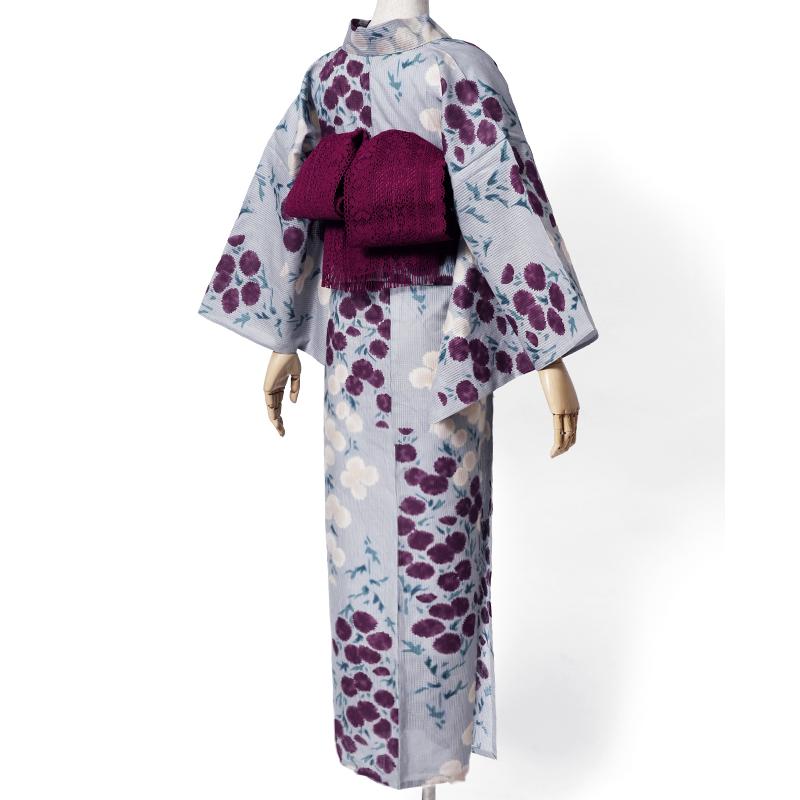 浴衣 芸艸堂 綿絽 アザミ ライトグレー オフ白 ワインレッド 花 UNSODO
