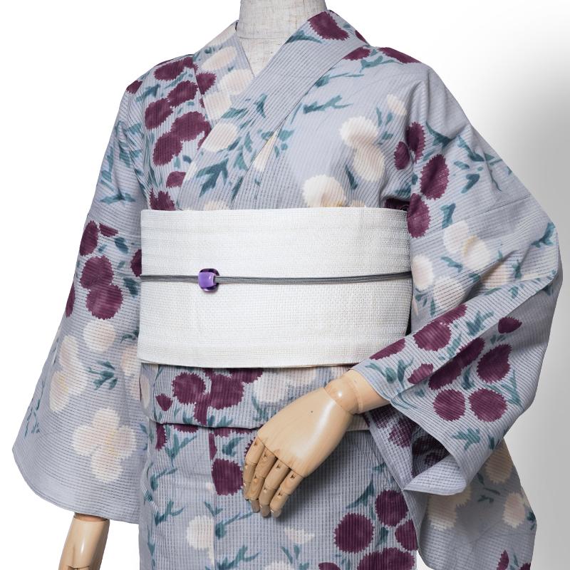 浴衣 芸艸堂 綿絽 アザミ ライトグレー オフ白 ワインレッド 花 UNSODO