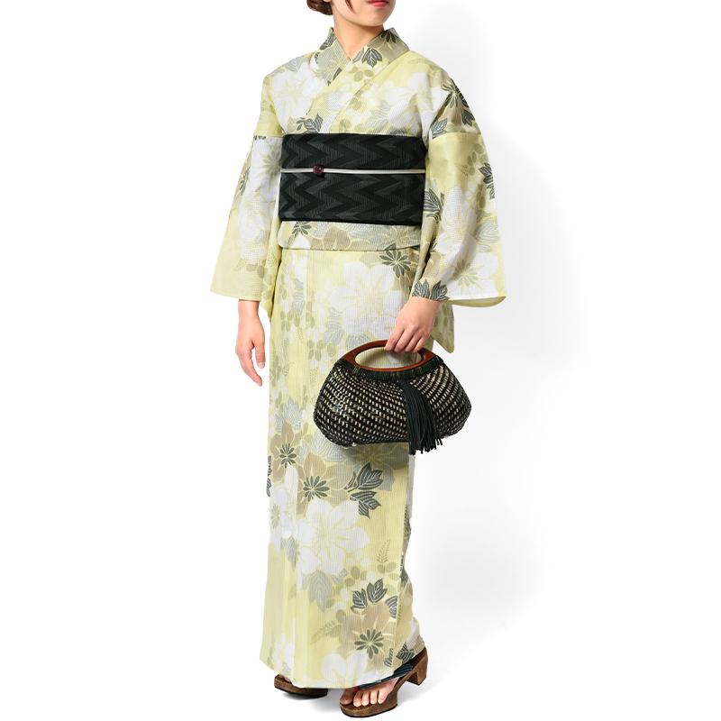 浴衣 芸艸堂 綿絽 桔梗 パステル イエロー グリーン オフ白 花 UNSODO