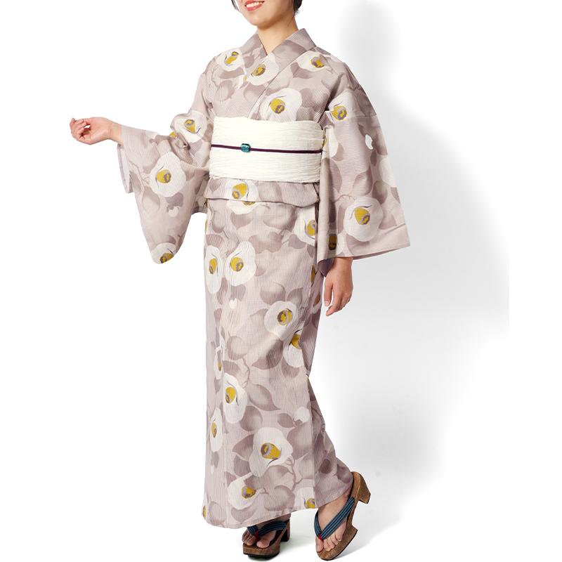浴衣 芸艸堂 綿絽 椿 オフ白 ローズベージュ 花 UNSODO ブランド 古典