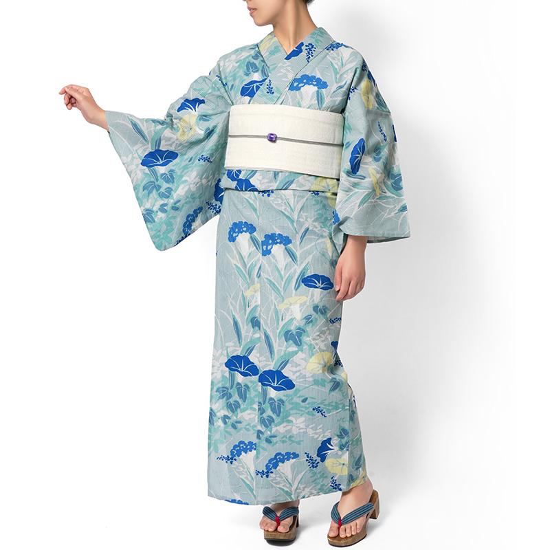 浴衣 芸艸堂 綿絽 秋草 朝顔 水色 青磁 花 植物 UNSODO ブランド 古典