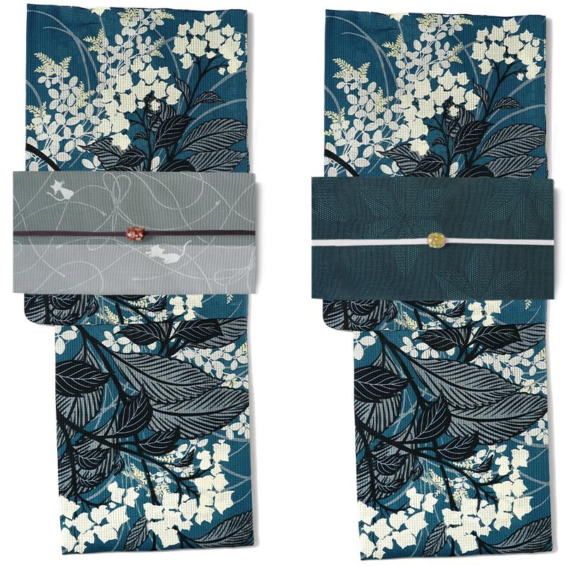浴衣 芸艸堂 綿絽 紫陽花 ターコイズ 紺 オフ白 花 植物 UNSODO