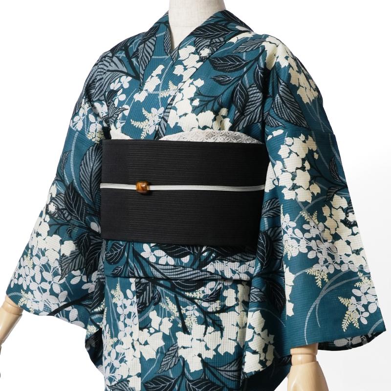 浴衣 芸艸堂 綿絽 紫陽花 ターコイズ 紺 オフ白 花 植物 UNSODO