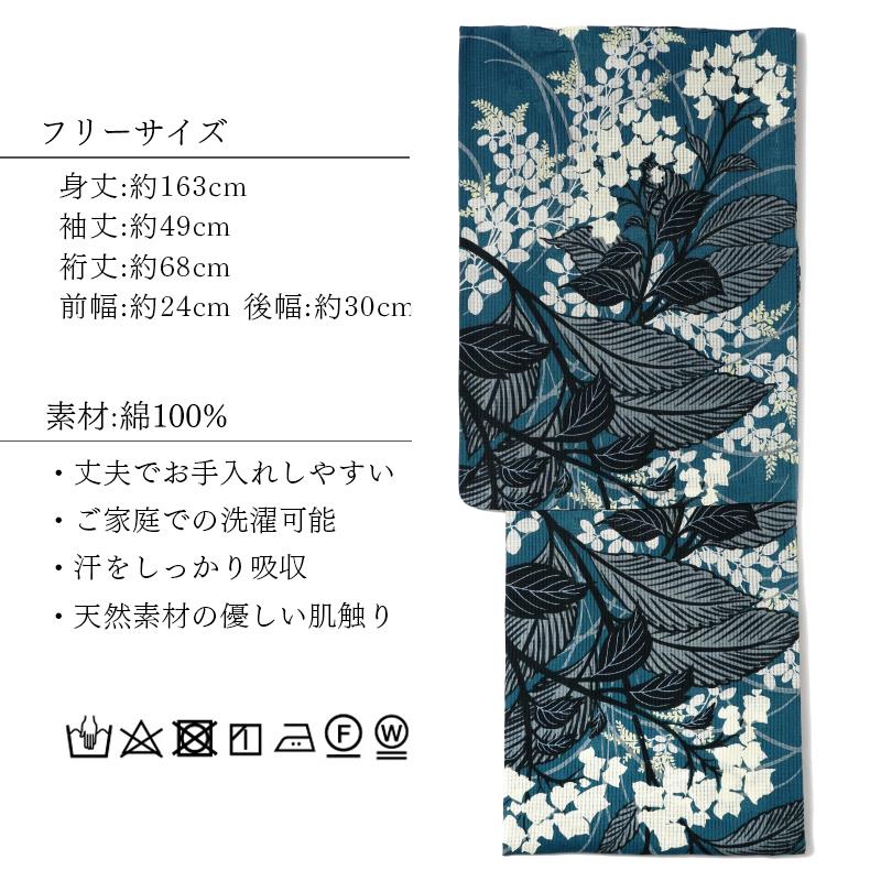 浴衣 芸艸堂 綿絽 紫陽花 ターコイズ 紺 オフ白 花 植物 UNSODO
