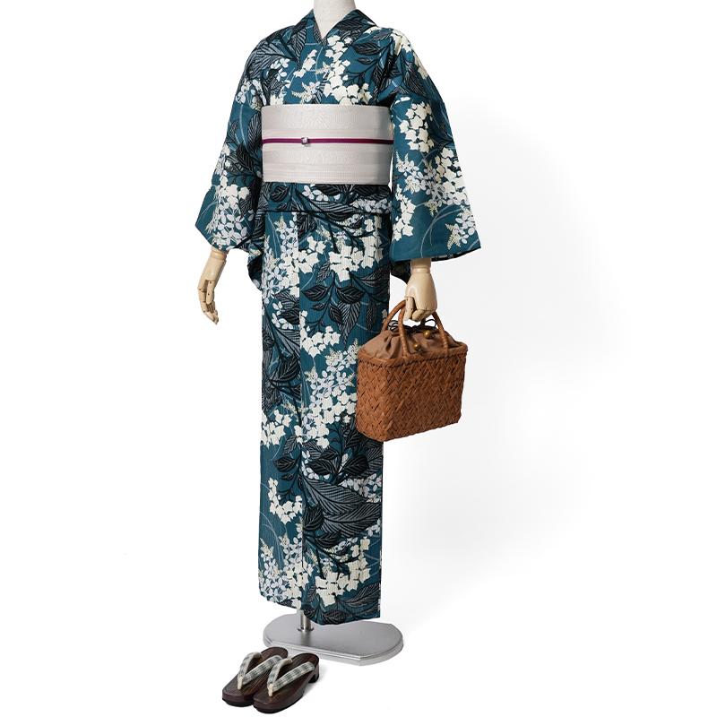 浴衣 芸艸堂 綿絽 紫陽花 ターコイズ 紺 オフ白 花 植物 UNSODO