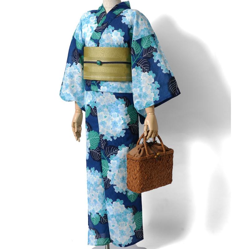 浴衣 綿麻 紫陽花 ネイビー 青 ターコイズ 花柄 レディース かわいい