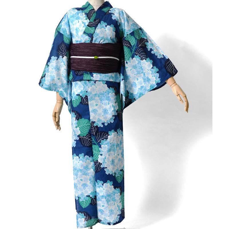 浴衣 綿麻 紫陽花 ネイビー 青 ターコイズ 花柄 レディース かわいい