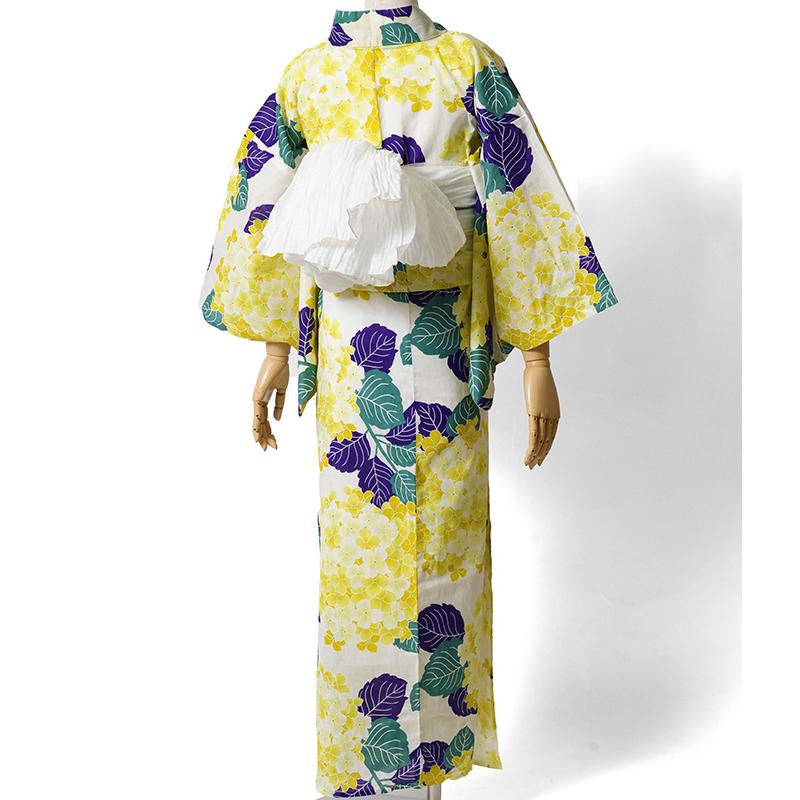 浴衣 綿麻 紫陽花 黄色 クリーム 花柄 レディース かわいい モダン