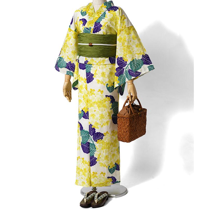 浴衣 綿麻 紫陽花 黄色 クリーム 花柄 レディース かわいい モダン