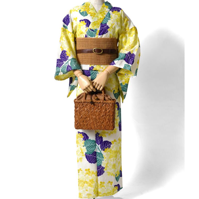 浴衣 綿麻 紫陽花 黄色 クリーム 花柄 レディース かわいい モダン