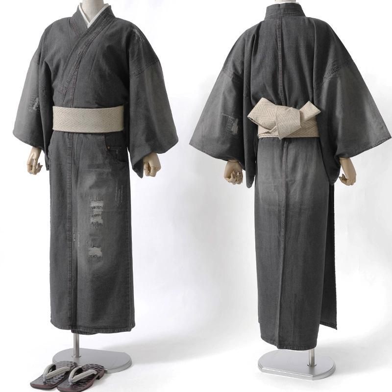 着物 クラッシュデニム メンズ ネイビー 黒 紺 ヴィンテージ風