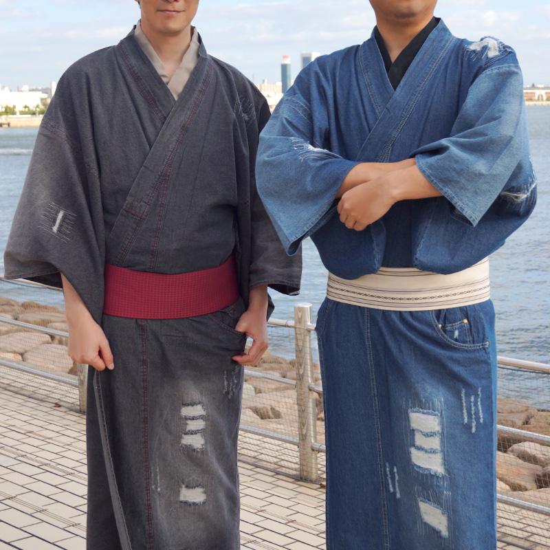 着物 クラッシュデニム メンズ ネイビー 黒 紺 ヴィンテージ風