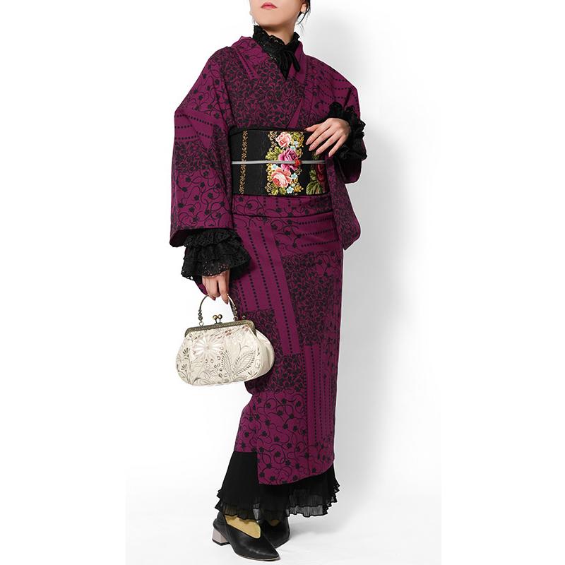 着物 単衣 コラージュペイズリー 花唐草 ボルドー 赤紫 洋唐草 洗える