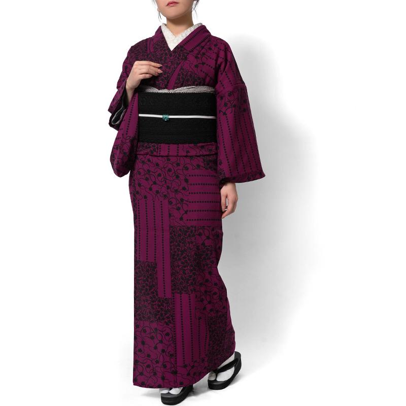 着物 単衣 コラージュペイズリー 花唐草 ボルドー 赤紫 洋唐草 洗える