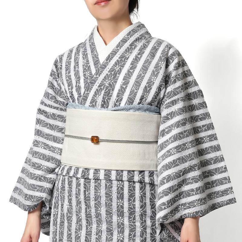 着物 エンブロイダリーレース ストライプ 白 グレー 花 刺繍 縞