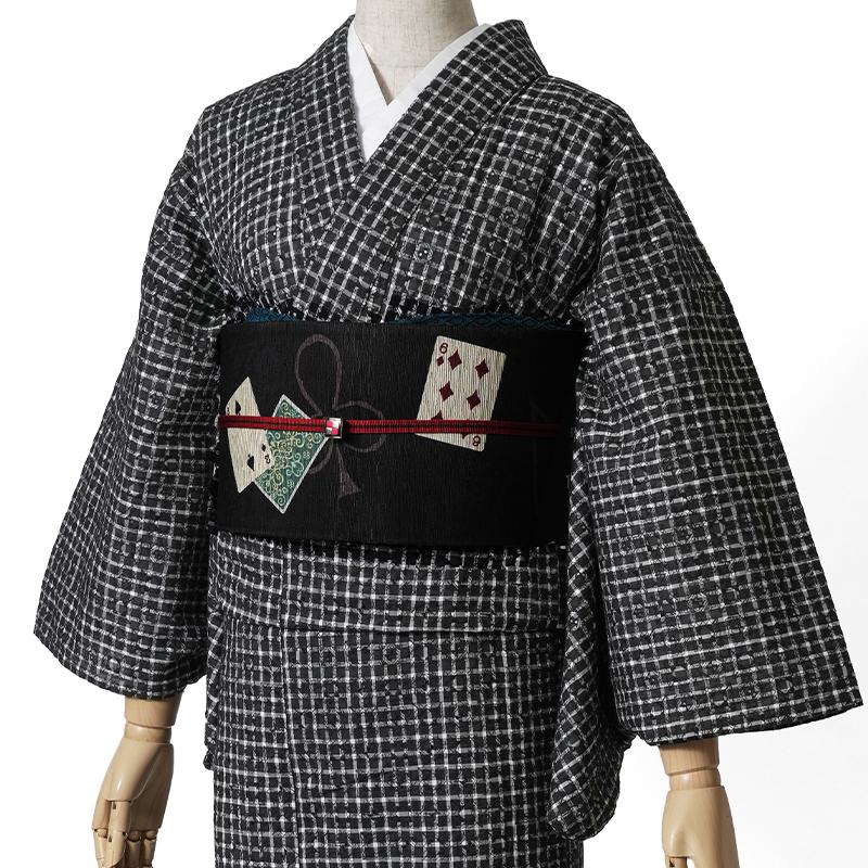 着物 単衣 エンブロイダリーレース チェック 刺繍 モノトーン 黒