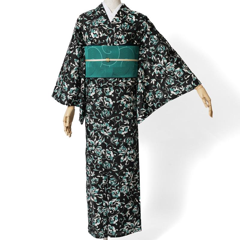 洗える着物 単衣 バティック風 ペイズリー 花唐草 黒 白 緑 シック