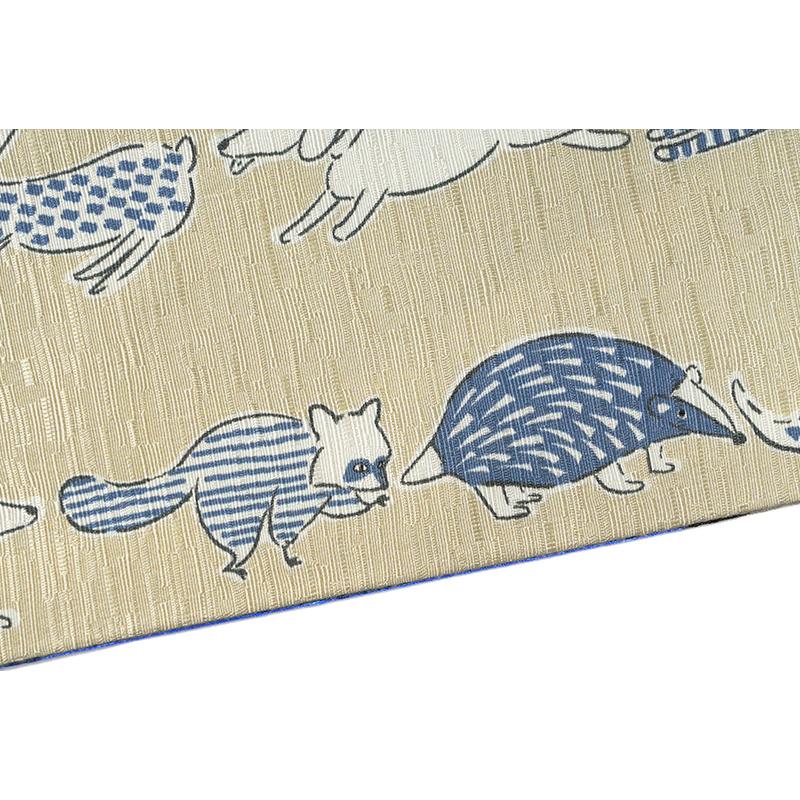 半幅帯 WAKKA ひっぱり猫 縞 幾何学 青 ベージュ ビビッドカラー 正絹