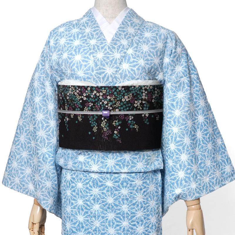 単衣着物 エンブロイダリーレース 麻の葉 ドット 水色 刺繍 レトロ
