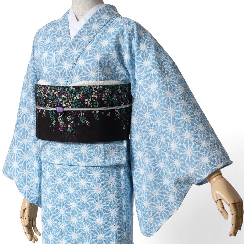 単衣着物 エンブロイダリーレース 麻の葉 ドット 水色 刺繍 レトロ