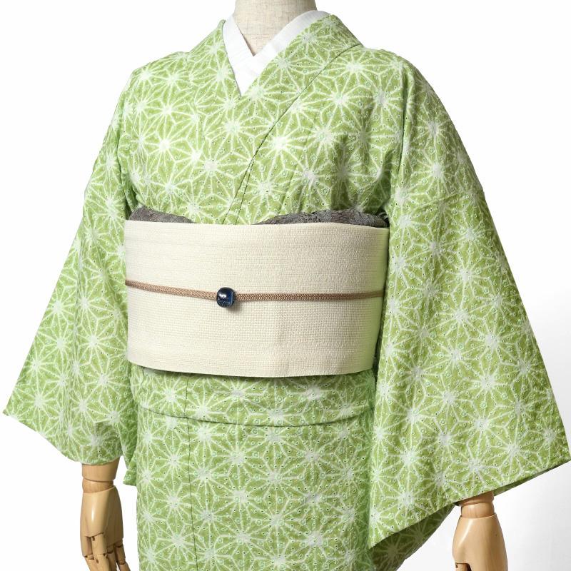 単衣着物 エンブロイダリーレース 麻の葉 黄緑 刺繍 レトロ モダン 単