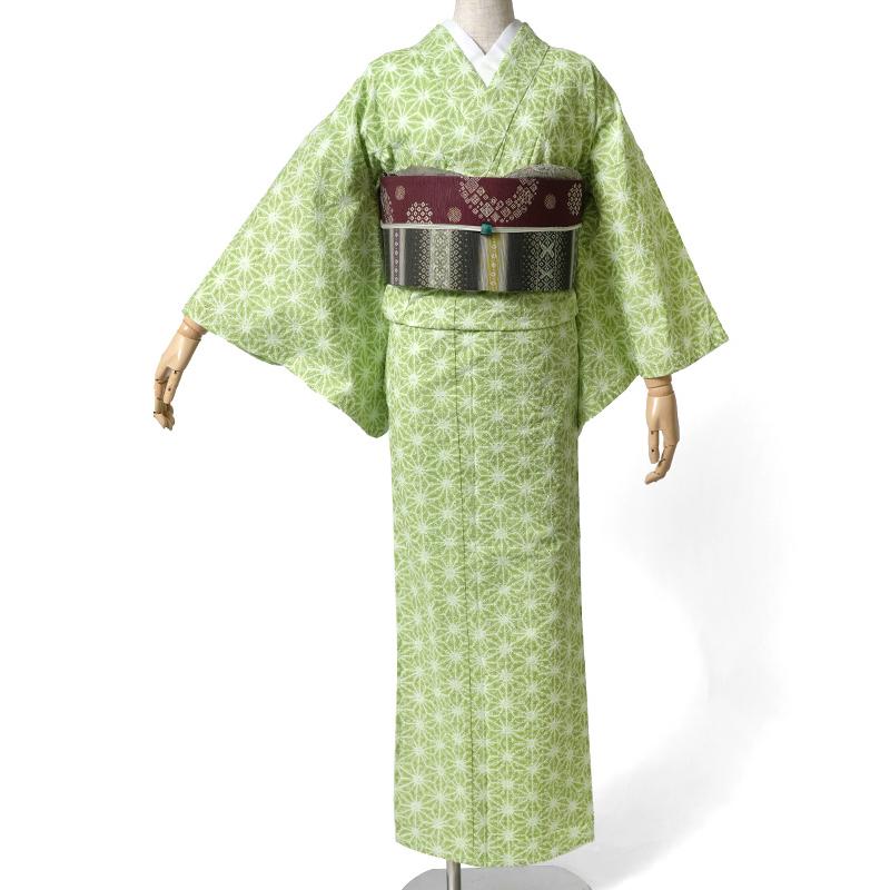 単衣着物 エンブロイダリーレース 麻の葉 黄緑 刺繍 レトロ モダン 単