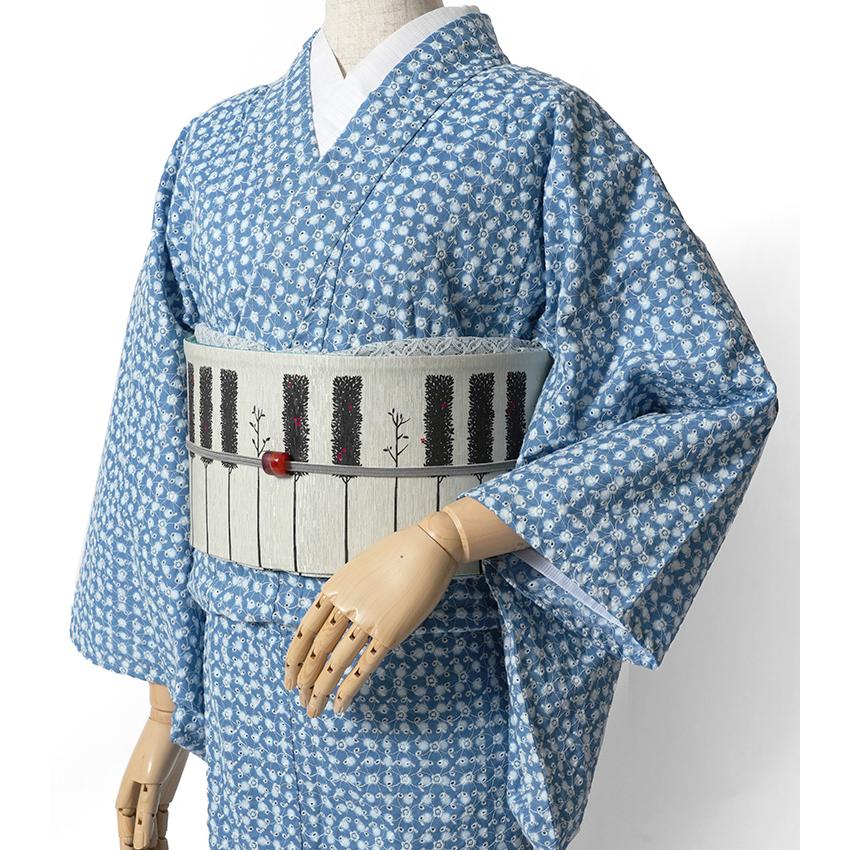 単衣着物 エンブロイダリーレース 地染め豆絞り風 ドット 水色 刺繍