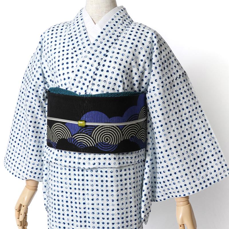 単衣着物 エンブロイダリーレース 豆絞り風 ドット 白 紺 刺繍 単衣