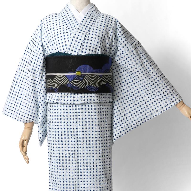 単衣着物 エンブロイダリーレース 豆絞り風 ドット 白 紺 刺繍 単衣
