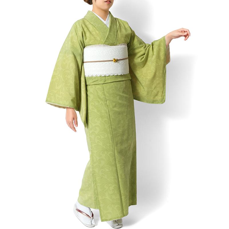 着物 シルック 黄緑 唐草 JAPAN MODE 袷 アラベスク シック モダン