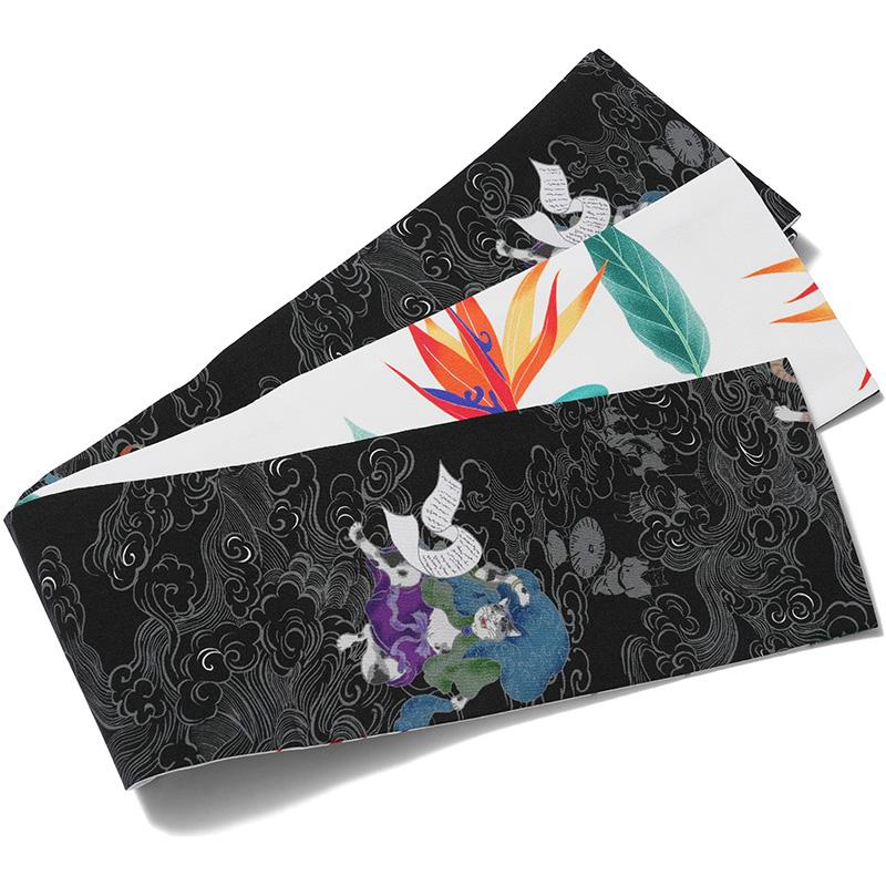 撫松庵 半幅帯 風神雷神 猫 ストレリチア 花 黒 白 リバーシブル