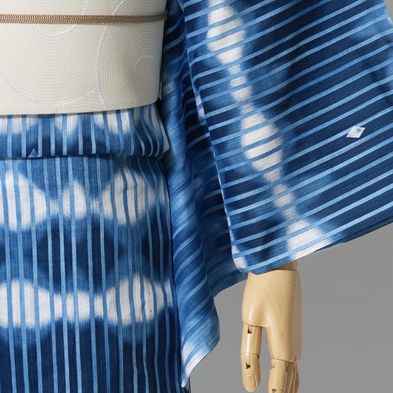 浴衣 美術サロン 藍捺染 藍滝 幾何学 藍 紺 白 知多木綿 レディース カッコイイ 上品 女性用 仕立上がり 単品 日本製 本染めの画像