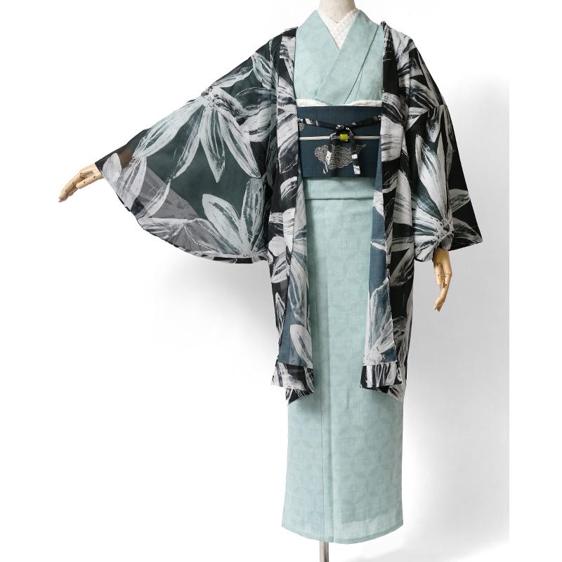 薄羽織 オーガンジー 花柄 黒 水色 シック レトロ モダン